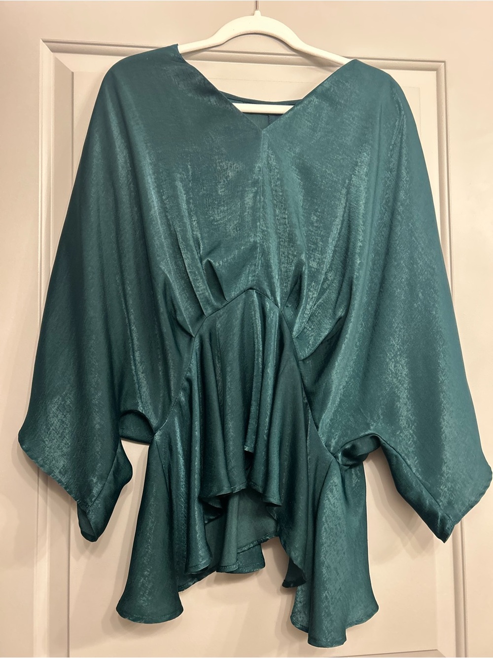 Deep green Satin V-Neck Peplum Blouse - Women Tops. Worn once. Like new.